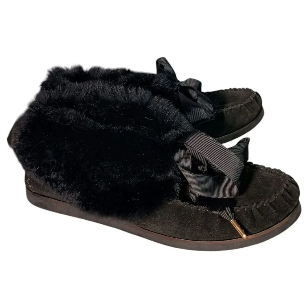 Tory Burch Aberdeen Slipper Moccasin Ankle Women 9 Leather Suede Shearling Black